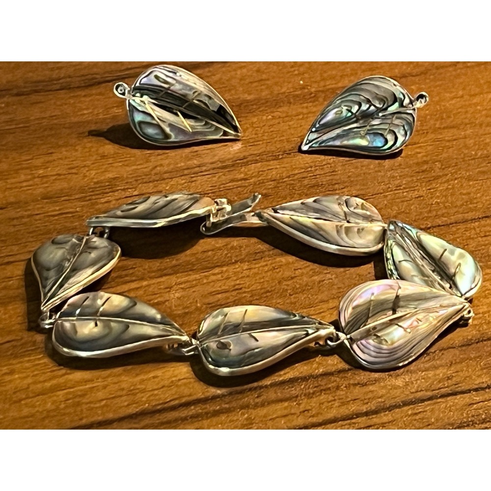 TAXCO Vintage Mexican Sterling Silver 925 Abalone Leaf Bracelet  7" and Earrings